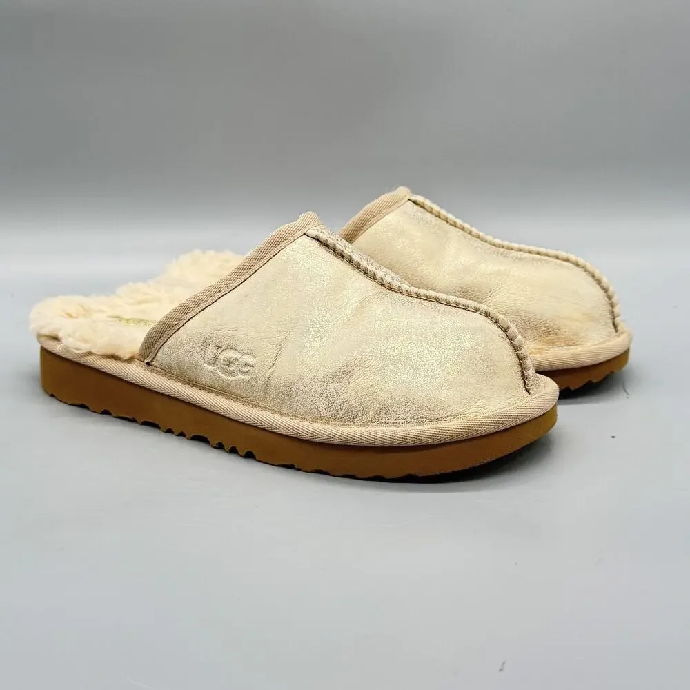 UGG Slippers Kids 2 Beige Suede Keegan Shearling Lined Slip On Mule Cozy Shoes